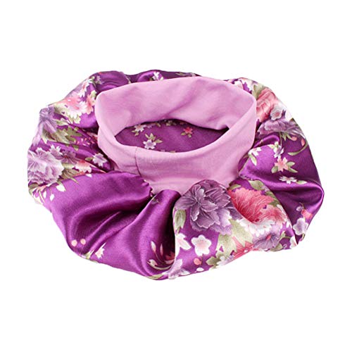 Product Cover Healifty Sleep Night Cap Satin Wide Band Bonnet Flower Pattern Night Head Cover Soft Hair Turbans for Women Hair Beauty Hair Care Cap Chemotherapy (Purple)