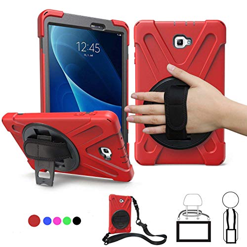 Product Cover SM-T580 Case, Samsung Galaxy Tab A 10.1 Case 2016,Triple Layer Ultra Hybrid Defender Bumper Shock-Absorbent Hard Drop Protection Case with 360 Swivel Stand/Handle/Shoulder Strap[Heavy Duty],Red