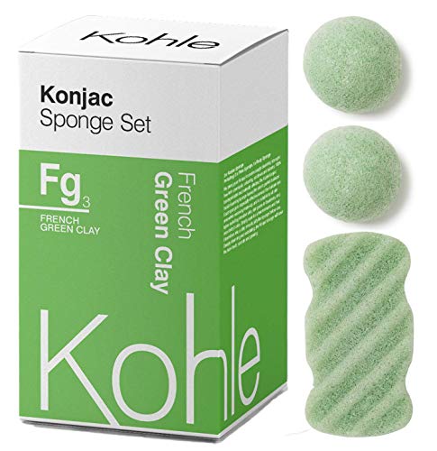 Product Cover French Green Clay Konjac Sponge Set (3 Pack): Organic Skincare Set, 100% Natural, Plant-Based Cleansing & Exfoliating Sponges. (Including 2 x Face Sponge & 1 x Body Sponge) #1 UK BESTSELLER