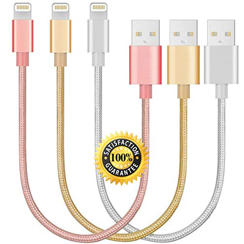 Product Cover Short iPhone Cables [3Pack 8 Inch/20CM] CABLECORD Nylon Braided iPhone USB Cable Sturdy Fast Charging Cord for iPhone7, iPhone6, iPad, iPod and iPad 4th Gen Other Devices - Pink, Silver, Gold