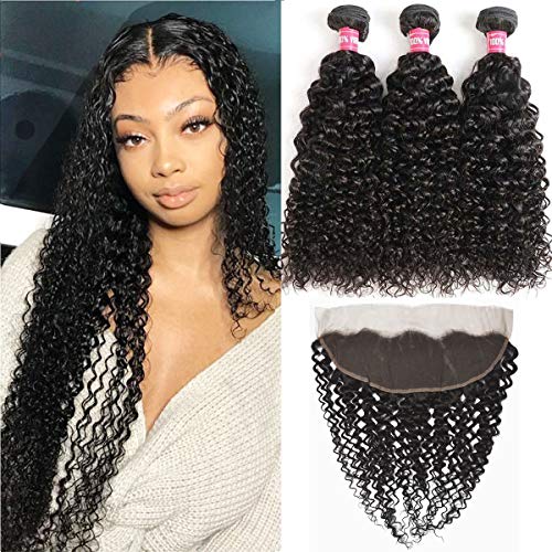 Product Cover WENYU Brazilian Curly Hair 3 Bundles with Frontal Closure 13X4 Ear To Ear Lace Frontal with Bundles Kinky Curly Jerry Curl Hair Bundles with Frontal Kinkys Curly Human Hair Weave Water Wave 10 1214+10