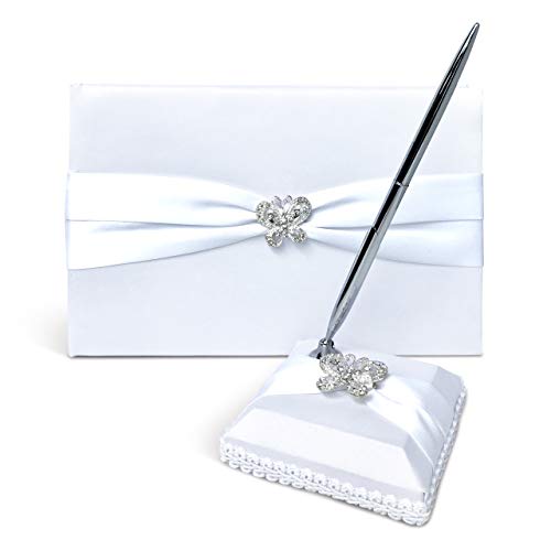 Product Cover Wedding Guest Book and Pen Set | Guest Book Wedding Set with Lined Pages for Sign in | Butterfly Rhinestone and White Satin with Classic Touch