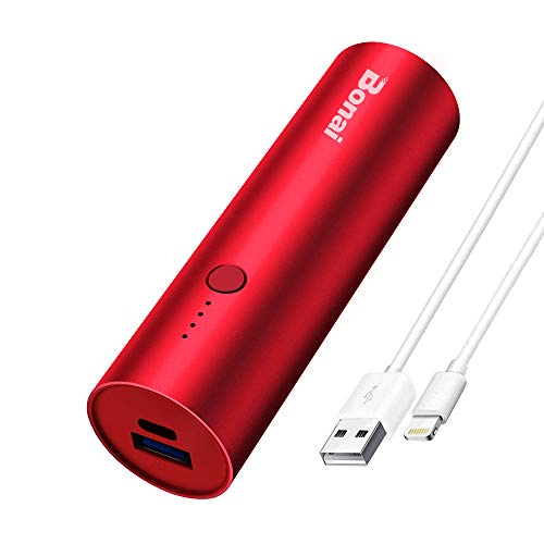 Product Cover Portable Charger, BONAI Ultra-Compact Aluminum Power Bank 5000mAh Travel, High-Speed Output External Backup Battery Compatible iPhone, iPad, iPod, Samsung, Tablets - Red (Charging Cable Included)