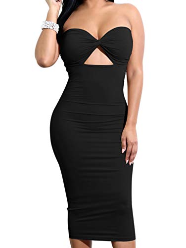 Product Cover LAGSHIAN Women Sexy Bodycon Strapless Cut Out Ruched Tube Club Midi Party Dress