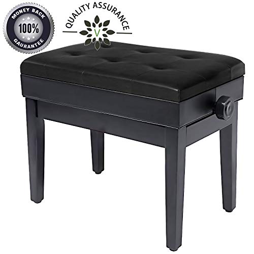 Product Cover Adjustable Piano Bench Wooden Piano Stool with Music Storage & Height Adjustable- PU Leather and Solid Wood (Black)