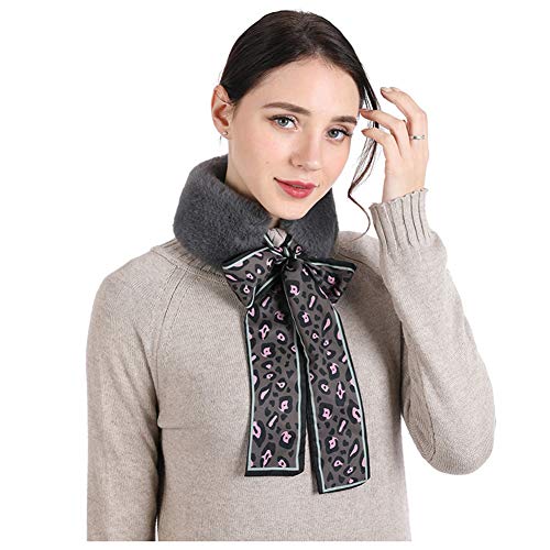 Product Cover Faux Fur Collar Scarf Fur Neck Scarf For Women Ladies Fashion Leopard Ribbons Fur Scarves Neck Warmer For Coat (dark grey2)