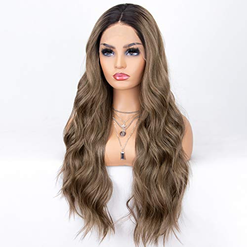 Product Cover K'ryssma Brown Lace Front Wigs Ombre Dark Roots Natural Looking Glueless Long Wavy Synthetic Wig for Women 2 Tone Heat Resistant 22 inches