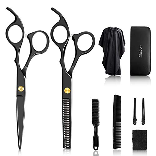 Product Cover 10Pcs Hair Cutting Scissors Set, Professional Haircut Scissors Kit with Cutting Scissors,Thinning Scissors, Comb,Cape, Clips, Black Hairdressing Shears Set for Barber, Salon, Home
