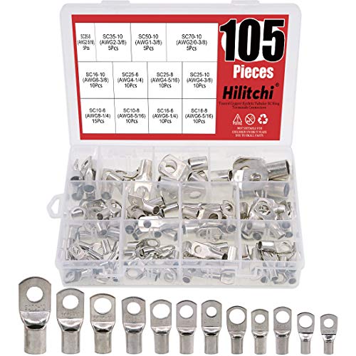 Product Cover Hilitchi 105 Pcs UL Listed 12 Sizes Wire Lugs Battery Cable Ends Eyelets Ring Terminal Connectors SC Terminals (AWG1, AWG2, AWG4, AWG6, AWG8)
