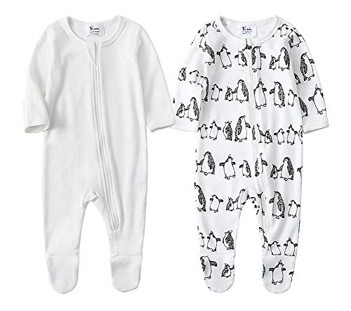 Product Cover O2Baby Baby Boys Girls Organic Cotton Zip Front Sleeper Pajamas, Footed Sleep 'n Play（Newborn,Ivory Stretch+Penguin）