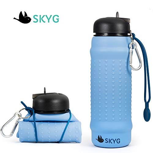 Product Cover SKYG Collapsible Water Bottle-BPA Free, Food Grade Silicone Portable Foldable Sport Leak Proof Travel Water Bottle with Carabiner and Half Straw, Lightweight, Can Roll Up. 20 oz