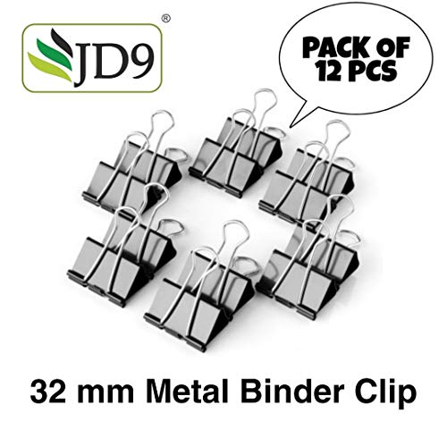 Product Cover JD9 Premium Quality 32 mm Black Medium Size Paper Clips for Notes Letter, Papers,Binder Clamps in Office, Home, School, Paper Holding Capacity Files Organized and Secure (Pack of 12 Pcs)