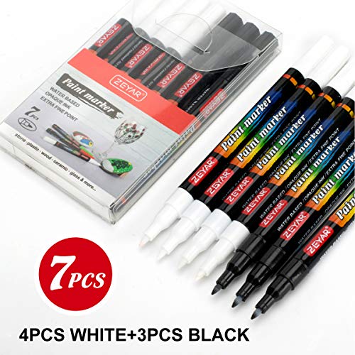 Product Cover ZEYAR White and Black Acrylic Paint pen, Water Based, Set of 7, Extra Fine Point, Great for Rock Painting, Ceramic, Glass, Wood and smooth surfaces, Opaque ink (White and Black)