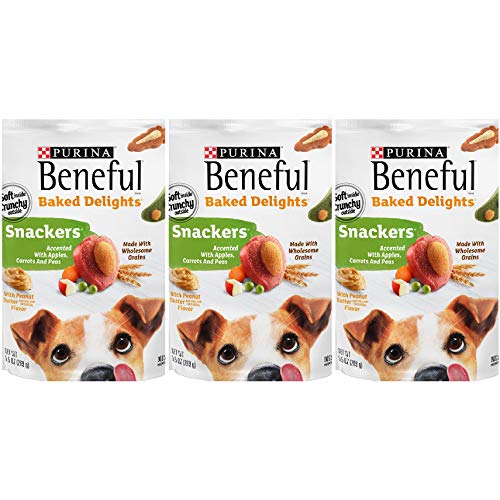 Product Cover 3 Bags of Purina Beneful Baked Delights Snackers with Apples, Carrots, Peas & Peanut Butter Dog Treat 9.5 oz ea