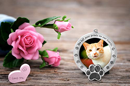 Product Cover FASHIONCRAFT Pet Memorial Ornament Departed Paw Prints You Left Paw Prints On Our Hearts Round Metal Photo Frame Velvet Easel Back & Gift Box Table Top Remembrance Pewter Finish Dog, Cat