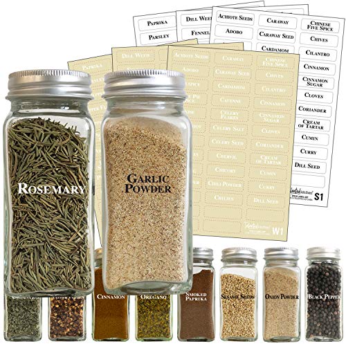 Product Cover Talented Kitchen 226 Clear Spice Label Combo - 226 Black & White Preprinted Labels: Most Common Spice Names in 2 Letter Colors on Clear Stickers. Waterproof, Spice Jar Labels Spice Rack Organization
