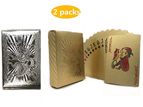 Product Cover IvyMei 2 Pack Gold Foil Poker High Flexible,Plastic Playing Cards Waterproof Poker Cards,Silver&Gold Dragon Poker