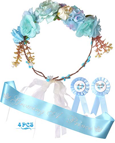 Product Cover Mother To Be Flower Crown Blue | Growing a prince Sash and Mom to be Pin | Dad To Be Pin | Blue Baby Shower Party Favors Decorations Gift for Boy