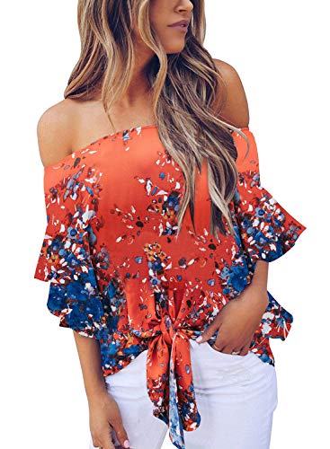 Product Cover Uncinba Womens Summer Off The Shoulder Tops 3/4 Ruffle Sleeve Sexy Floral Chiffon Tie Knot T Shirt Blouse