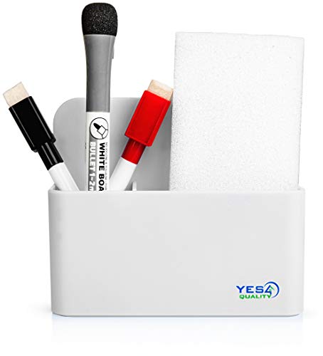 Product Cover Magnetic Pen Holder with Strong Magnetic Back and 2 Compartments - Dry Erase Marker Holder for Whiteboard, Fridge, Locker - Pencil Holder (White)
