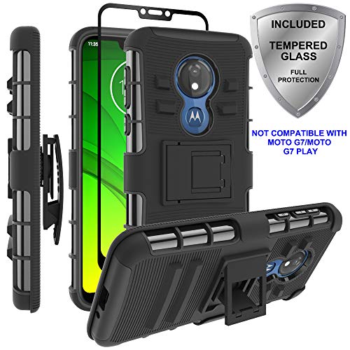 Product Cover Moto G7 Power Case,Moto G7 Supra Case, ChangeJ Military Grade Protection with Tempered Glass Screen Protector Holster Belt Clip Amor Case for Motorola Moto G7 Power/Supra - Black