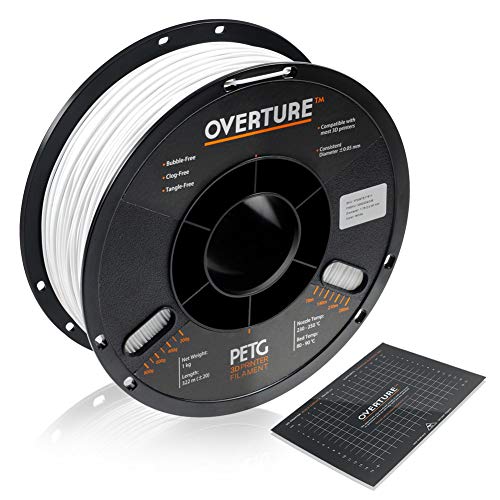 Product Cover OVERTURE PETG Filament 1.75mm with 3D Build Surface 200 x 200 mm 3D Printer Consumables, 1kg Spool (2.2lbs), Dimensional Accuracy +/- 0.05 mm, Fit Most FDM Printer, White