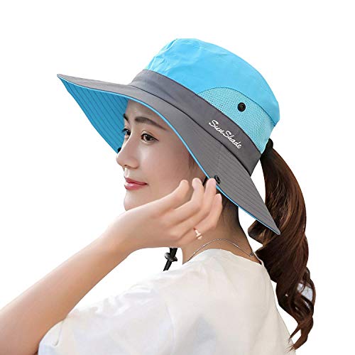Product Cover JHPMP Women's Outdoor UV Protection Foldable Mesh Wide Brim Beach Fishing Hats-Sky Blue