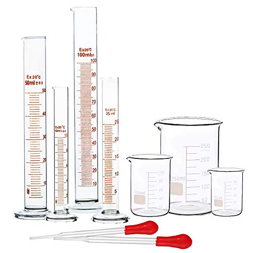 Product Cover SUPERLELE Glass Graduated Cylinder Set 10/25/50/100ml, Thick Glass Beaker Set 50/100/250ml with 2 Droppers