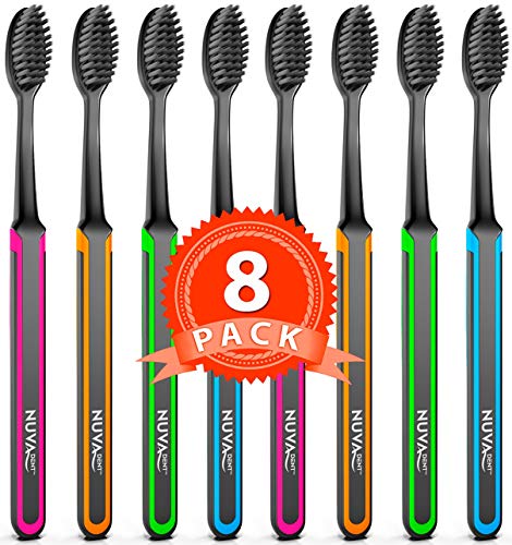 Product Cover Nuva Dent Ultra Soft Charcoal Toothbrush - Gentle, Slim Brush Head, Medium Tip - Clean Plaque, Whiten Teeth - Works Well w/Activated Charcoal Toothpaste or Teeth Whitening Products, 8 Pack, Colored