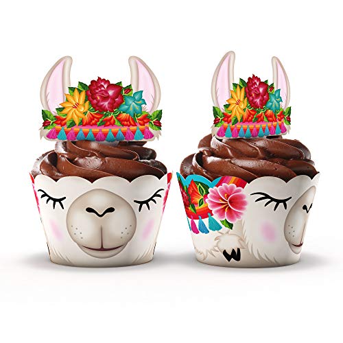 Product Cover Llama Party Supplies Cupcake Toppers and Wrappers - Set of 24 - Fiesta party supplies (Llama)