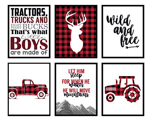 Product Cover Silly Goose Gifts Buffalo Plaid Deer Tractor Truck Themed Children Wall Decor (Set of Six) Stag Hunting
