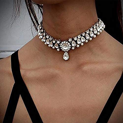 Product Cover Anglacesmade Bohemia Rhinestone Choker Crystal Necklace Pearl Choker Wedding Jewelry Bridal Necklace Diamond Pendant Choker for Women and Girls (Silver)
