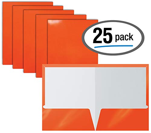 Product Cover 2 Pocket Glossy Laminated Orange Paper Folders, Letter Size, Orange Paper Portfolios by Better Office Products, Box of 25 Orange Folders