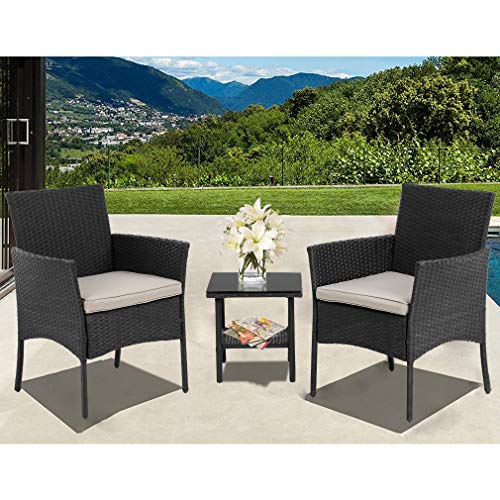 Product Cover Wicker Patio Furniture 3 Piece Patio Set Chairs Bistro Set Outdoor Rattan Conversation Sets with Garden Outdoor Furniture Sets,Black