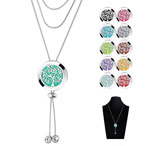 Product Cover Essential Oils Diffuser Necklace - 316L Stainless Steel Sliding Clasp Ring Aromatherapy Locket Pendant with 11 Color Refill Pads