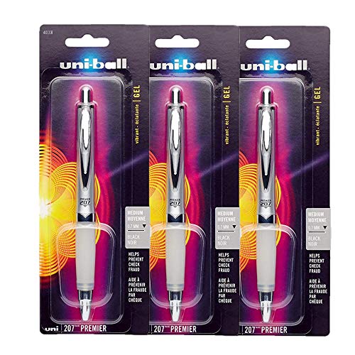 Product Cover Uni-Ball 40108 207 Premier Retractable Gel Rollerball Pen, Medium Point, Black Ink, 3 Count