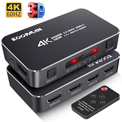 Product Cover 4K HDR HDMI Switch, Koopman 4 Ports 4K 60Hz HDMI 2.0 Switcher Selector with IR Wireless Remote, Supports UltraHD Dolby Vision, High Speed(Max to 18.5Gbps), HDR10, HDCP 2.2 & 3D