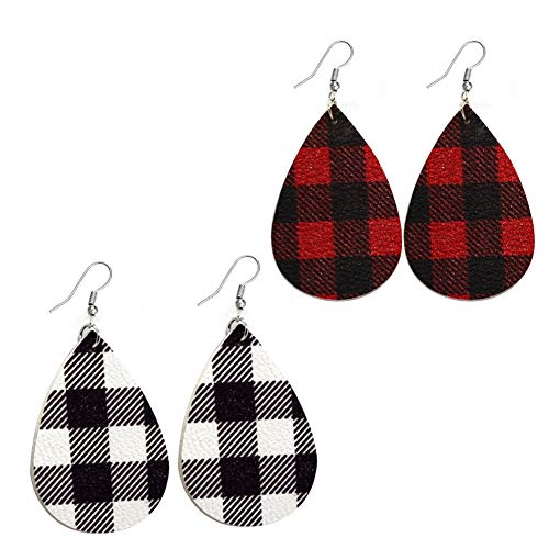 Product Cover 2 Pairs Plaid Leather Earrings for Women Handmade Lightweight Teardrop Dangle Faux Leather Statement Earrings for Girls