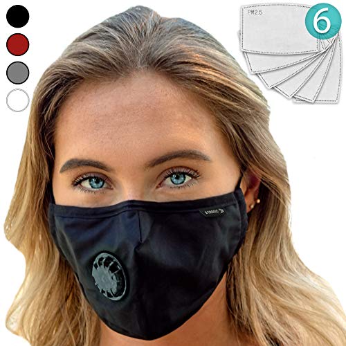 Product Cover Face Mask: Best Air Pollution UNIVERSAL FIT Dust Masks + 6 N99 Filter. Carbon Respirator & DustProof Safety Cover Mouth from Gas Exhaust Smoke, Pollen, Paint. Cycling Running For Women Men Kids (BLK)