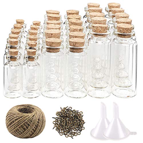 Product Cover CUCUMI 44pcs Mini Glass Jars Bottles with Cork Stoppers Wish Bottles（20pcs 5ml and 12pcs 10ml and 12pcs 20ml）,50pcs Eye Screws,30 Meters Twine and 2pcs Funnel
