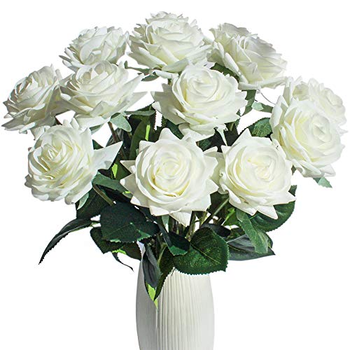 Product Cover JOEJISN Artificial Flower Roses Fake Roses 12pcs Real Touch Artificial Roses Silk Artificial Roses Long Stem Bridal Wedding Bouquet for Home Garden Office Wedding Decorations (Pure White)
