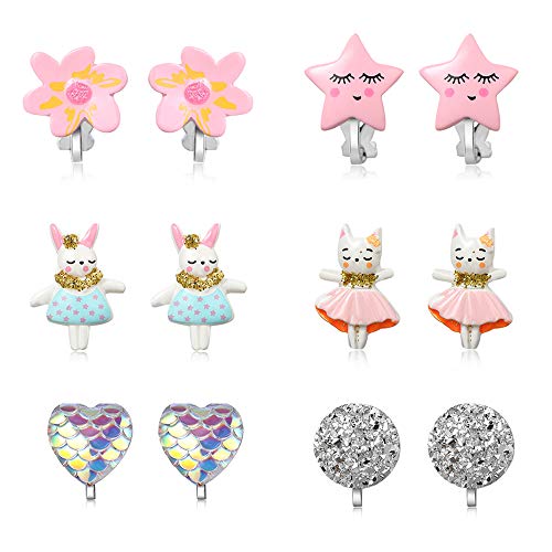 Product Cover PinkSheep Clip On Earrings for Little Girls, Bling Bling, Star Earrings Flower Earrings Rabbit Earrings for Kids, 6 Pairs, Best Gift