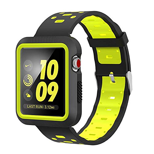 Product Cover EloBeth Watch Band Compatible with Apple Watch Band 42mm Series 3 2 1 with Case Protector Bumper Sport Silicone iWatch Band (42mm Black/Yellow)