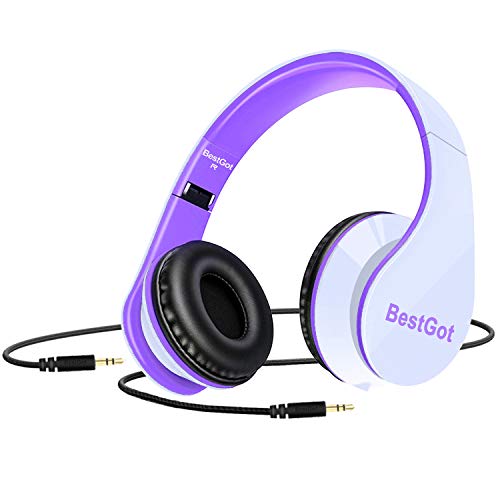 Product Cover [2019 Upgrade] BestGot Kids Headphones for Kids Adult Foldable Headphones with 3.5mm Plug Removable Cord (White/Purple) (Without Cloth Bag and Microphone)