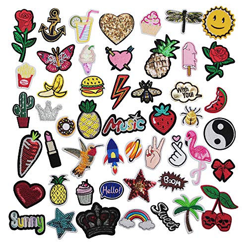 Product Cover Niangzisewing Mix Lots Bulk 50pcs Iron on Patches sew on Patches Craft Embroidery Patch Motif Clothes Jackets Hats Backpacks Jeans Kids Rainbows Rose Bird Butterfly Hearts (Mix, from 1