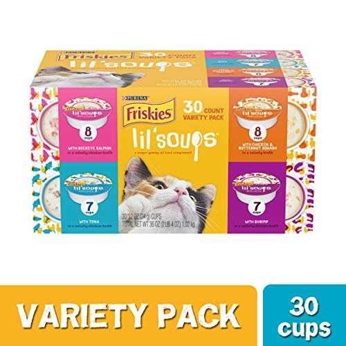 Product Cover Purina Friskies Grain Free Wet Cat Food Complement Variety Pack, Lil' Soups Salmon, Tuna, Chicken & Shrimp, 30 Count  (Pack of 1)
