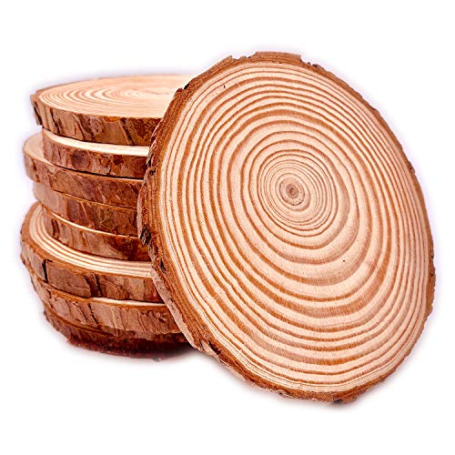 Product Cover Unfinished Natural with Tree Bark Wood Slices 10 Pcs 4.2-4.7 inch Disc Coasters Wood Coaster Pieces Craft Wood kit Circles Crafts Christmas Ornaments DIY Crafts with Bark for Crafts Rustic Wedding Orn