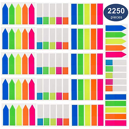 Product Cover 2250 Pieces Neon Page Markers Colored Index Tabs, OUHL Fluorescent Sticky Note Tabs Page Flag Tabs for Marking, 18 Sets 3 Sizes