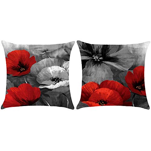 Product Cover WePurchase Set of 2 Hand Painted Ink Painting Red Gray Retro Poppy Flowers Mother's Day Decoration Cotton Linen Decorative Home Sofa Living Room Throw Pillow Case Cushion Cover Square 18x18 Inches