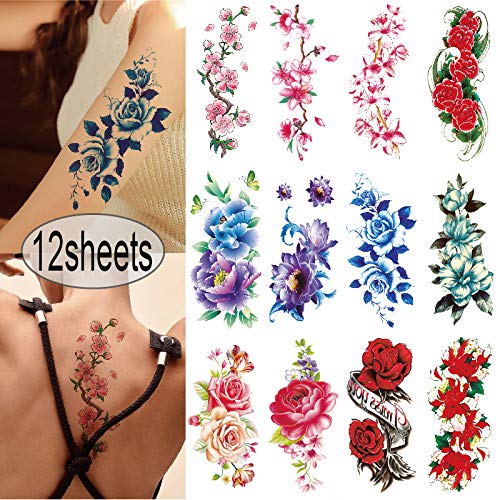 Product Cover YAKAGO 12 Sheets Flower Temporary Tattoos For Women Rose Cherry Peony Peach Blossoms Fake Tattoo Body Art Adult Waterproof Stickers